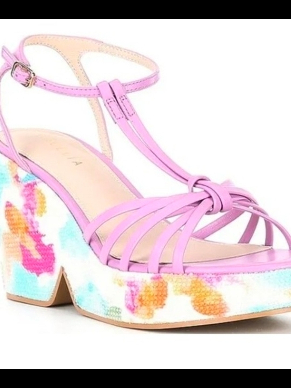 CECELIA NEW YORK Lavender Strappy Platform Sandal with Multicolor Patterned Heel